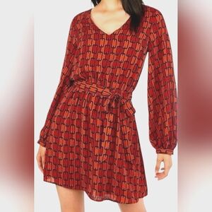 Express Dress Small Orange Blue Chain Link Elastic Waist V-Neck Long Sleeve